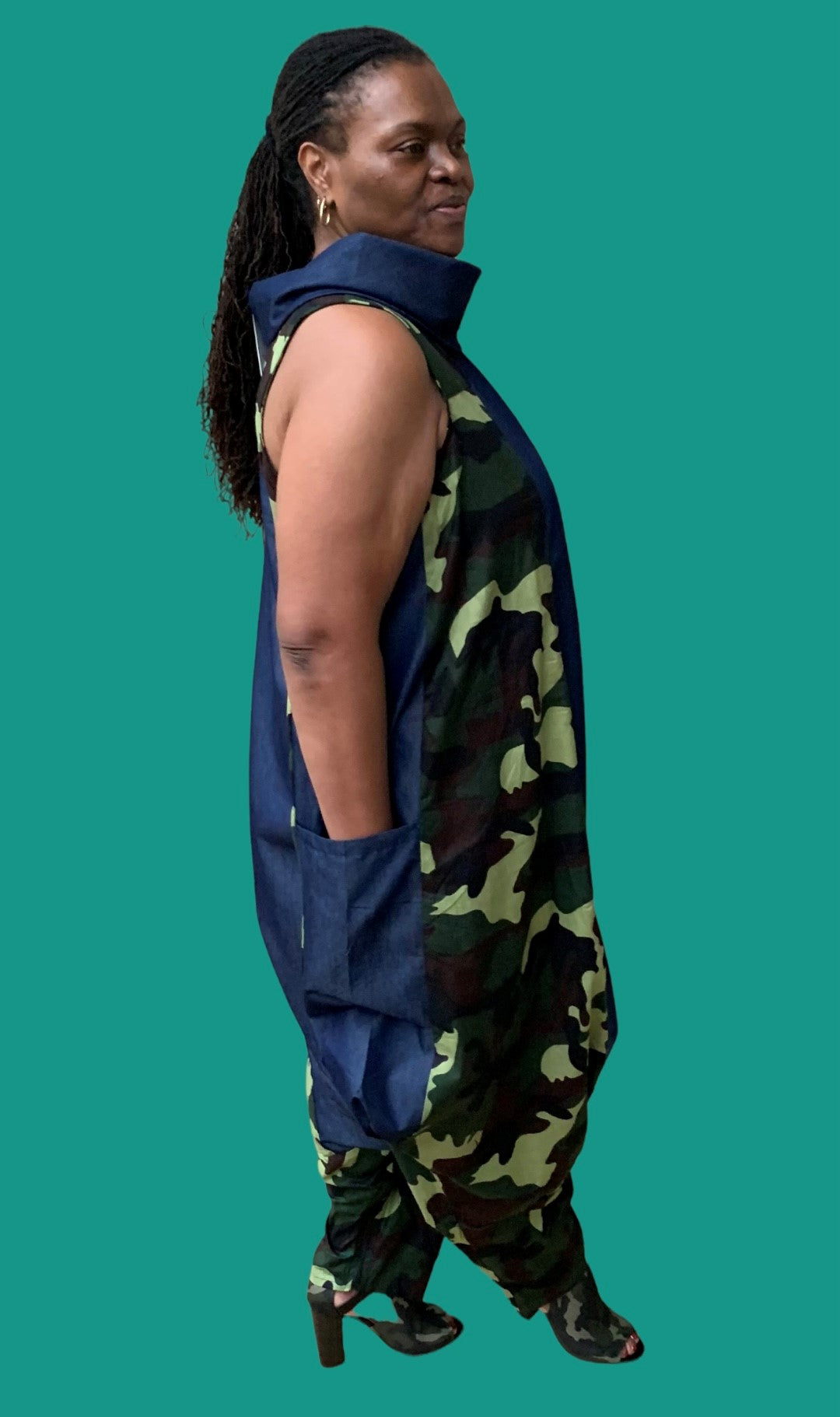 MIXED DENIM AND PRINT COWL NECK JUMPSUIT/DRESS