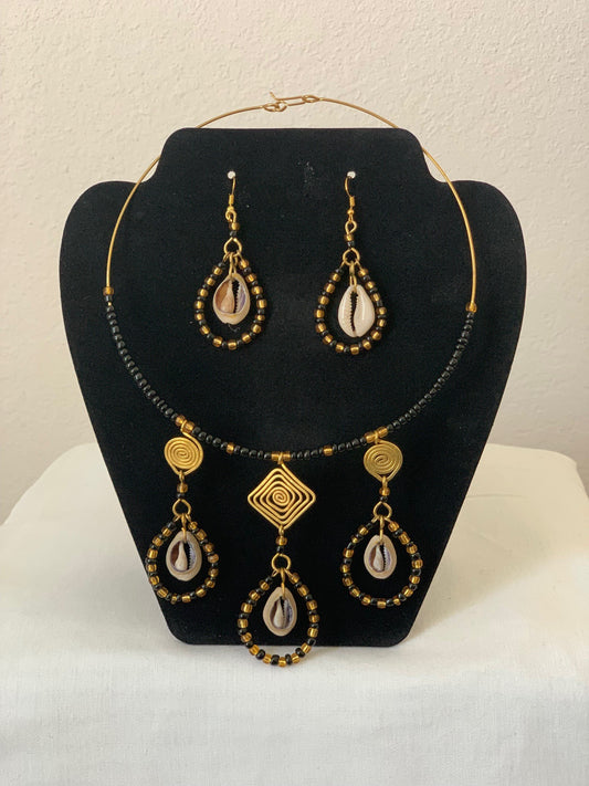 Beaded Brass & Cowrie Shell Necklace Set