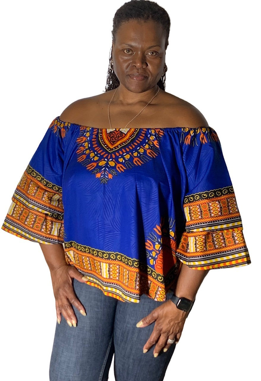 Off Shoulder Ankara & Dashiki Print Blouse